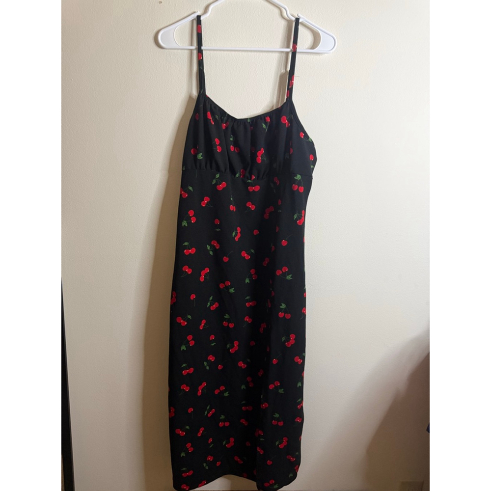 Women's Black Red Cherry Print Midi Dress L - Picture 2 of 6